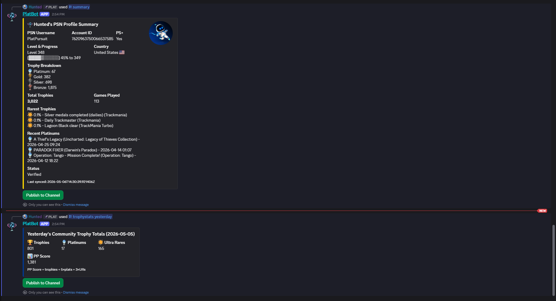 PlatBot responses to /summary and /trophystats commands in Discord, showing PSN profile data and community trophy totals